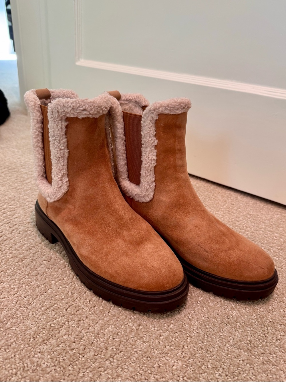 Ann Taylor Tan Suede Shearling-Trim Chelsea Boot
